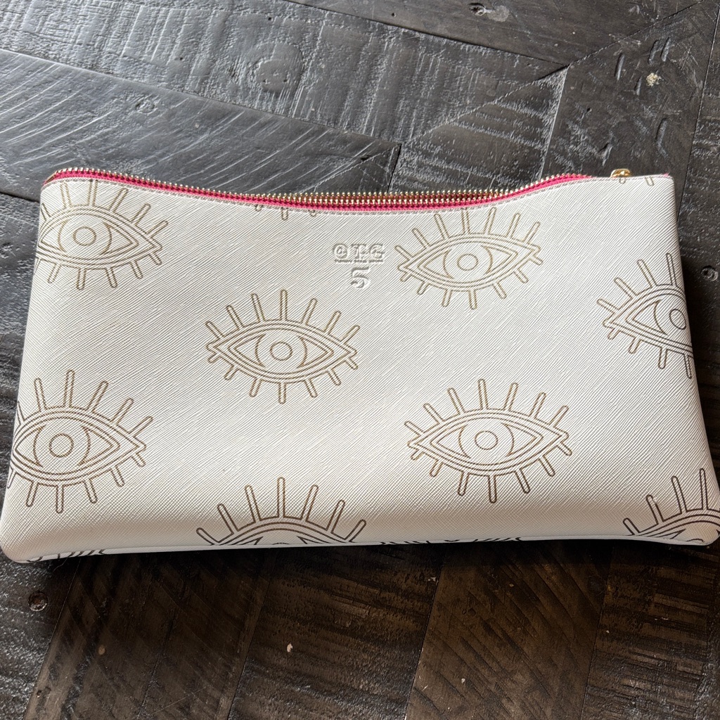 Otg247 White Eye Pattern Clutch/Pouch With Pink And Gold Zipper. Waterproof.